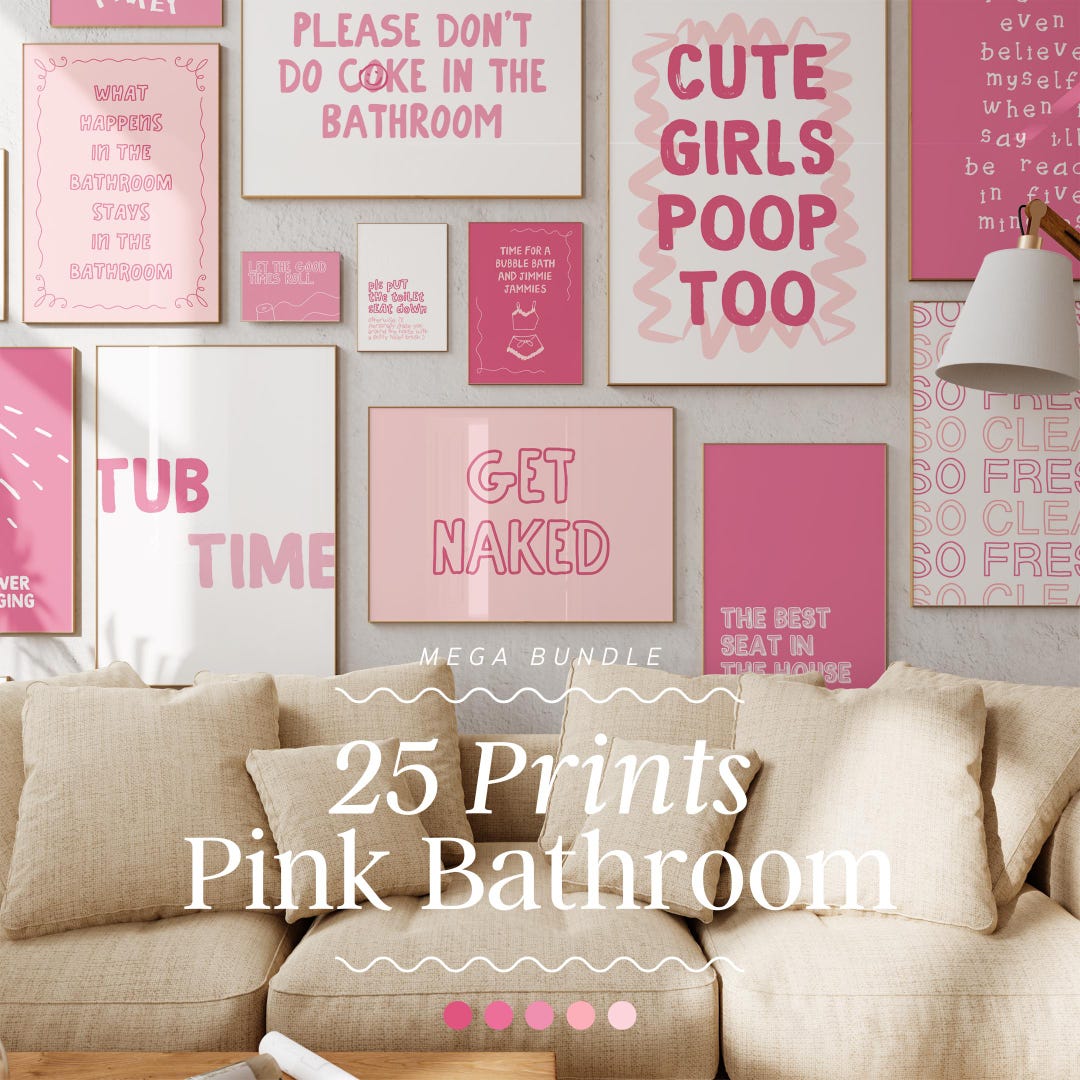 Preppy Bathroom Gallery Wall Set Bathroom Wall Art, Pink Bathroom
