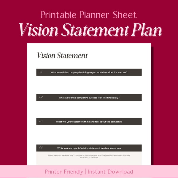 Vision Statement Plan Printable // Small business growth, Etsy help, Small business marketing, Small business sales, Ecommerce planner