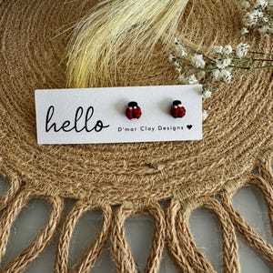 May include: A white card with the word "hello" in black lettering. The card also has two red and black ladybug earrings on it. The text "D'mar Clay Designs" is printed below the earrings.