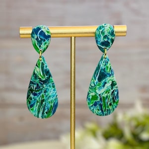 Handmade Green and Blue Marble Teardrop Earrings – Polymer Clay Statement Jewelry