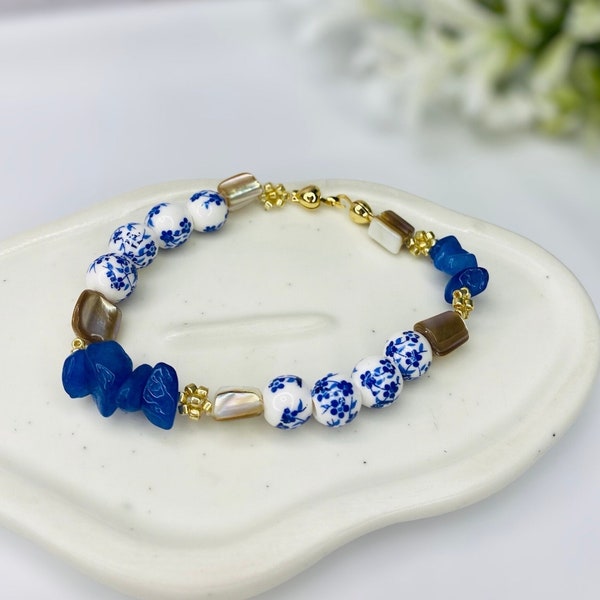 Chunky Bracelet | Santorini style handmade Bracelet | Porcelain tile Bracelet | Floral Bracelet | Seed bead Flower Bracelet | Blue & White