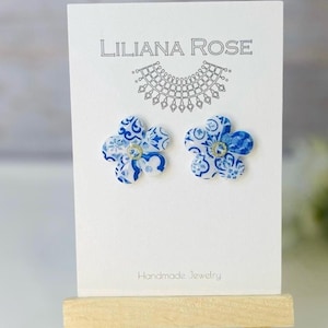 Boucle d&#39;oreille fait main en pâte polymère | Boucles d&#39;oreilles Santorin | boucles d&#39;oreilles style porcelaine | Impression Chine Bijoux | Art bleu et blanc pour vacances grecques