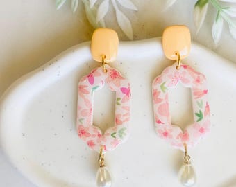 Floral Dangle Earrings | Polymer Clay Resin Statement Earrings | Pastel Peach Pink Handmade Jewelry | Gift for Her