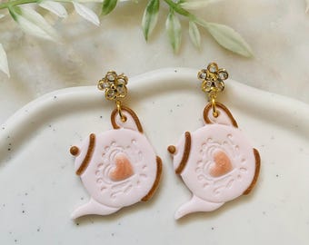 Tea Party Teapot Earrings | Handmade Polymer Clay Dangle Earrings | Cottagecore Jewelry | Gift For Tea Lovers | Whimsical Accessories