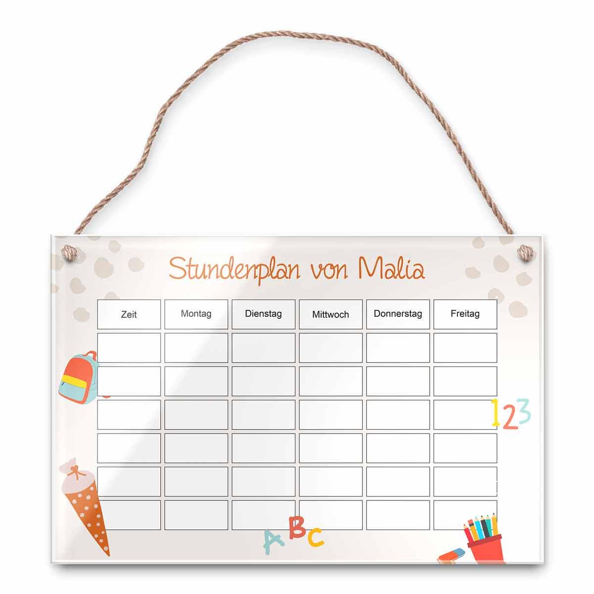 Stundenplan Acryl zum Aufhängen - personalisierbar mit Namen & abwischbar! - hochwertiger Schulplaner - besonderes Geschenk Einschulung