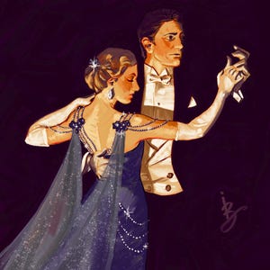 May include: A couple in formal attire dances together. The woman wears a sparkling blue gown with a long train and a pearl necklace. The man wears a black tuxedo with a white bow tie and white gloves.
