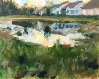 Original Sunset Artwork| Neighborhood Oil Painting | Outdoor Scenery Décor | Home Décor | Pond and Nature