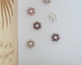 Felt Pom-Pom Daisies | Set of 6 Neutral Wall Flowers - Boho Nursery Decor - Girls Room Wall Hanging
