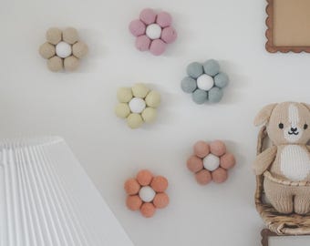 Felt Pom-Pom Daisies | Set of 6 Pastel Wall Flowers - Boho Nursery Decor - Girls Room Wall Hanging