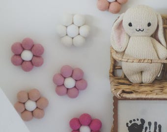 Felt Pom-Pom Daisies | Set of 6 Pink Wall Flowers - Boho Nursery Decor - Girls Room Wall Hanging