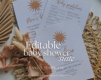 Sunshine Baby Shower Suite ~ Invitations, Games & Welcome Sign ~ Boho Baby Shower | Our Little Sunshine ~ Editable CANVA Template