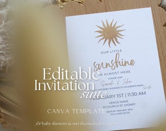 Sunshine Invitation ~ Neutral Baby Shower | Boho First Birthday Invitation | Our Little Sunshine ~ Editable CANVA Template