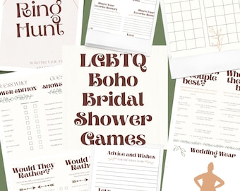 Printable Boho Lesbian Bridal Shower Games, Printable LGBTQ wedding shower bundle, boho neutral decor, lesbian wedding, lesbian bachelorette