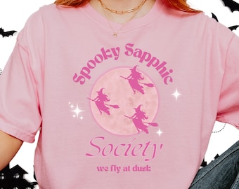 spooky sapphic society, lesbian Halloween shirt, queer, Halloween witches, wlw shirt, witchy pride shirt, sapphic tee, lesbian couple gift
