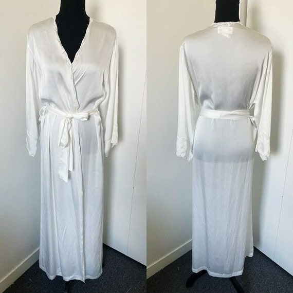 Vintage Natori White Satin Lace Trim Maxi Robe Si… - image 1