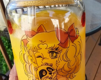 Bonbons Anime en verre de 473 ml (16 oz) avec couvercle et paille, verre sublimable dépoli ou transparent.