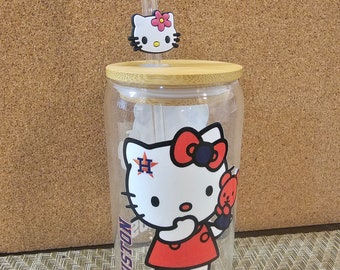 Ventilateurs Astros-kitty-kitty et mimi16oz.Boîte en verre avec couvercle et paille