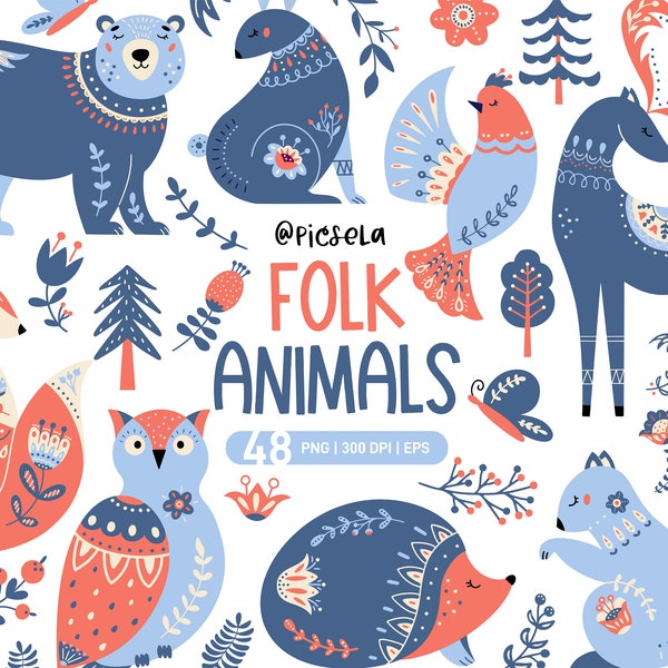 Woodland animals clipart. Scandinavian nordic clip art. Folk art png. Blue Christmas holiday. Baby shower. Commercial use.