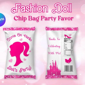 Fashion Doll Editable Chip Bag Party Favor, Customizable Chip Bag Wrapper, Canva Edit Birthday Party Favor