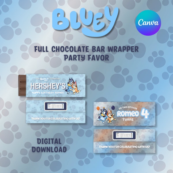 Cadeau d'anniversaire emballage de barre Bluey Hershey, emballage de barre de chocolat personnalisable, cadeau d'anniversaire Canva Edit