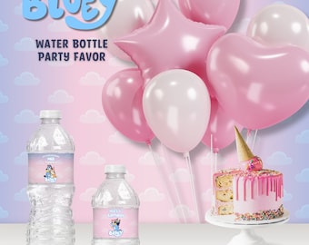 Favor de fiesta de botella de agua rosa azulado, etiqueta de botella de agua de 8 oz y 16 oz, Canva Editar favor de fiesta de cumpleaños