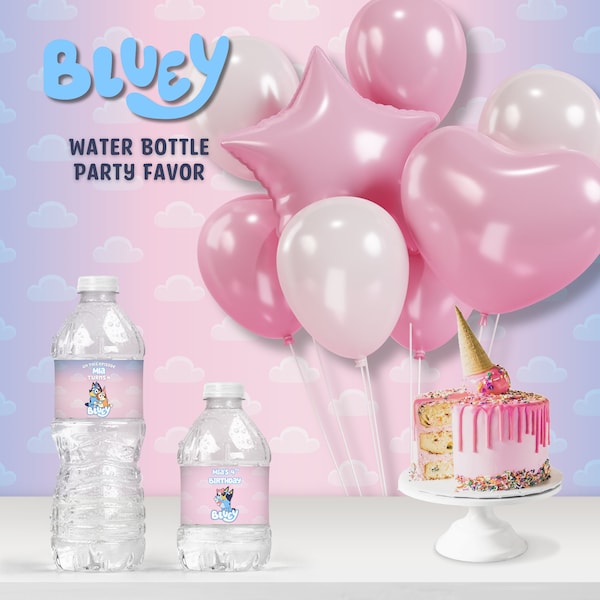 Bluey Pink Water Bottle Party Favor, Water Bottle Label 8oz & 16oz , Canva Edit Birthday Party Favor