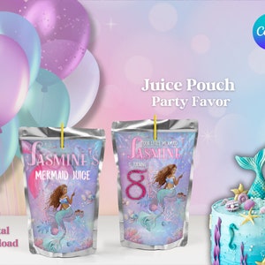 Little Mermaid Editable Juice Pouch Party Favor, Black Mermaid Customizable Capri-Sun or Kool-Aid Jammer, Canva Edit Birthday Party Favor