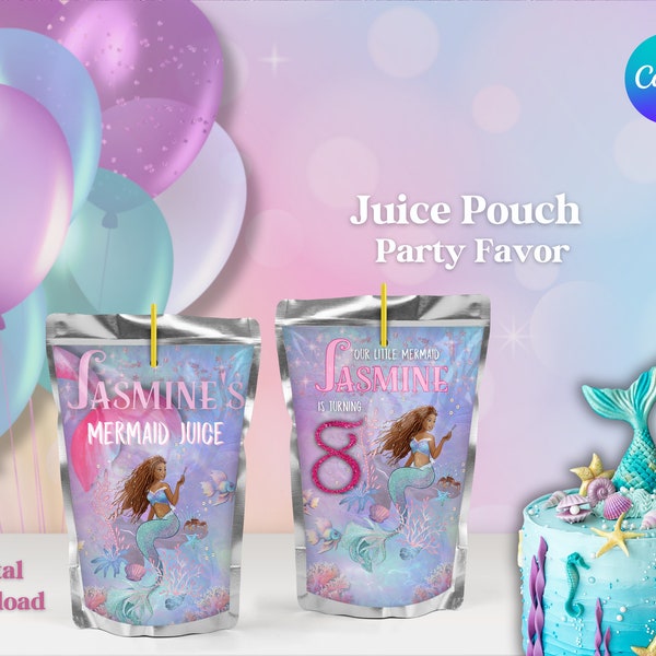 Little Mermaid Editable Juice Pouch Party Favor, Black Mermaid Customizable Capri-Sun or Kool-Aid Jammer, Canva Edit Birthday Party Favor