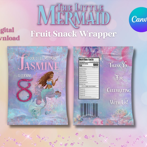 Little Mermaid Fruit Snack Party Favor, Black Mermaid Customizable Fruit Snack Wrapper, Canva Edit Birthday Party Favor