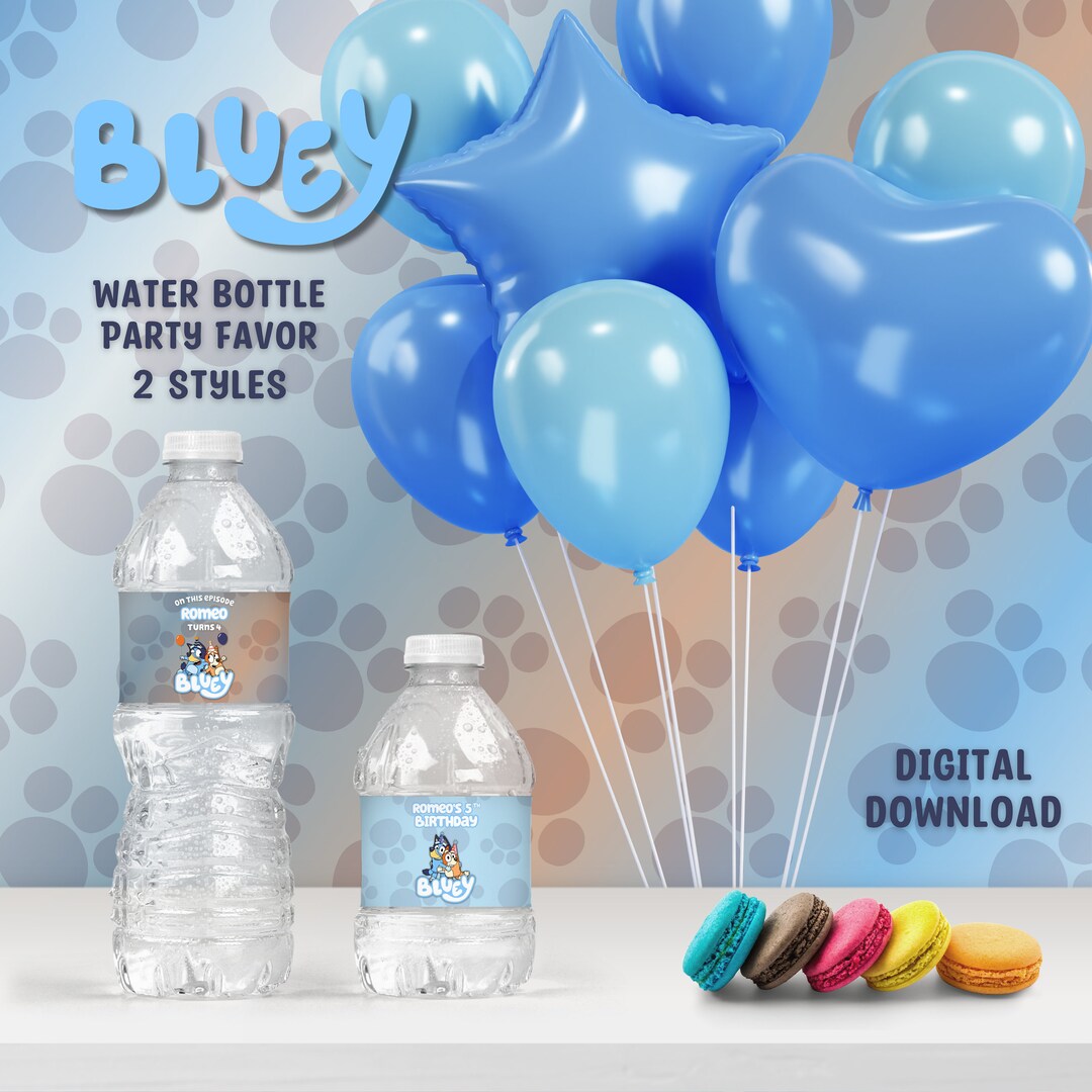 Bluey Water Bottle Party Favor, Water Bottle Label 8oz & 16oz , Canva