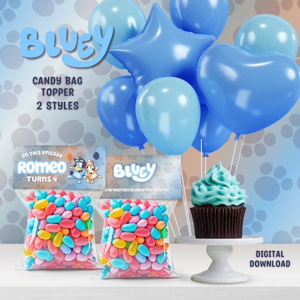 Bluey Editable Candy Bag Topper, Customizable Favor Bag Topper, Canva Edit Birthday Party Favor
