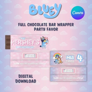 Bluey Hershey Bar Full Wrapper Party Favor, Customizable Chocolate Bar Wrapper, Canva Edit Birthday Party Favor