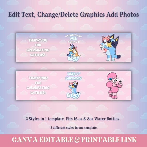 Bluey Pink Party Water Bottle Labels Printable