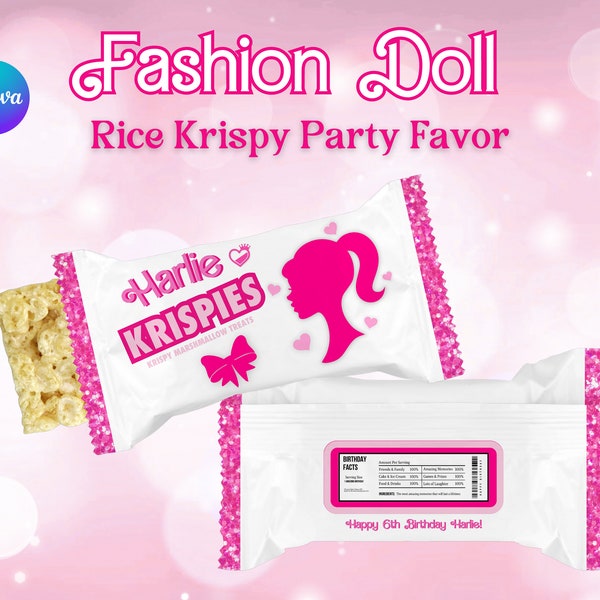 Fashion Doll Editable Rice Krispie Treat Party Favor, Pink Customizable Rice Krispy Treat Wrapper, Canva Edit Birthday Party Favor