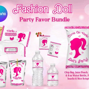 Fashion Doll Bundle Party Favor, Pink Chip Bag Rice Krispies Water Bottle Juice Pouch & Fruit Snack Canva Personalize Birthday Party Favor