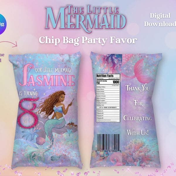 The Little Mermaid Chip Bag Party Favor, Black Mermaid Customizable Chip Bag Wrapper, Canva Edit Birthday Party Favor