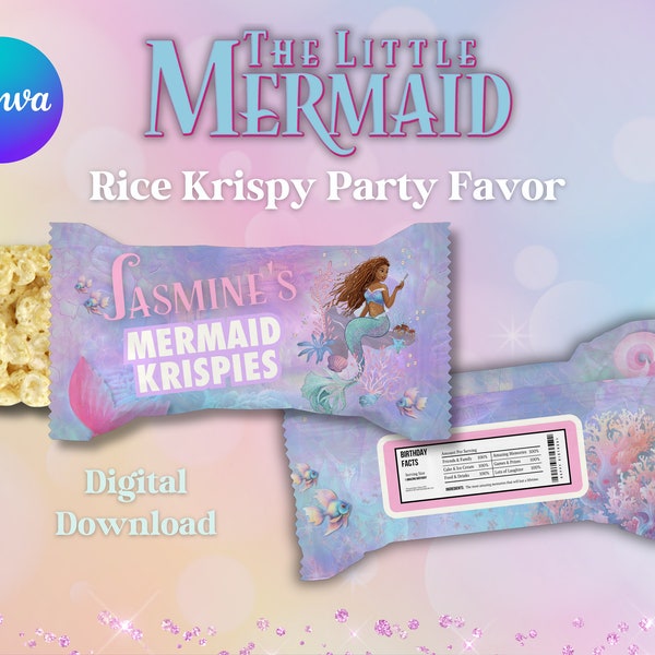 Little Mermaid Editable Rice Krispie Treat Party Favor, New Mermaid Customizable Rice Krispy Treat Wrapper, Canva Edit Birthday Party Favor