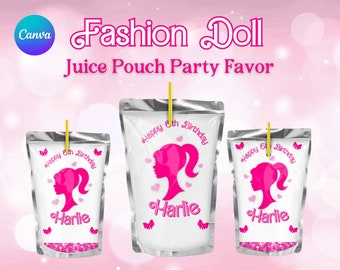 Fashion Doll Editable Juice Pouch Party Favor, Customizable Capri-Sun or Kool-Aid Jammer, Canva Edit Birthday Party Favor