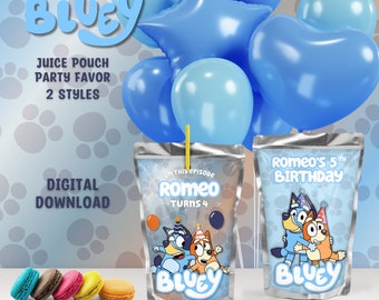Favor de fiesta de bolsa de jugo editable Bluey, Capri-Sun o Kool-Aid Jammer personalizable de Bluey, Canva Editar favor de fiesta de cumpleaños