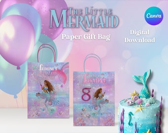 The Little Mermaid Paper Gift Bag Party Favor, Black Mermaid Customizable Favor Bag, Canva Edit Birthday Party Favor