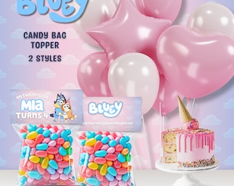 Topper de bolsa de caramelo editable Bluey, topper de bolsa de favor personalizable, canva editar favor de fiesta de cumpleaños