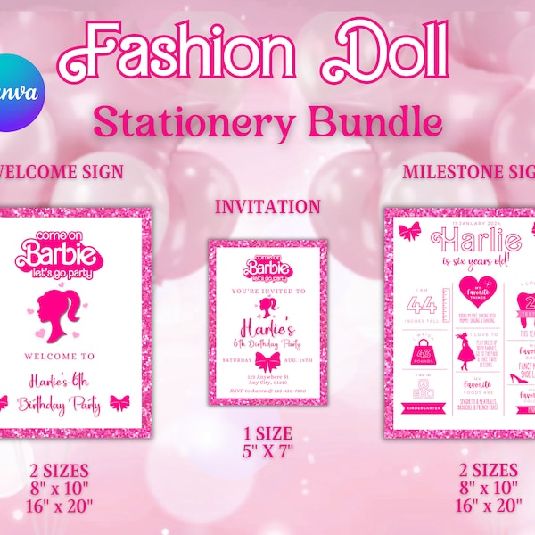 Fashion Doll Stationery Bundle, Invitation, Welcome Sign & Milestone Chart,  Kids Birthday Party Welcome Sign, Invite Bundle Deal