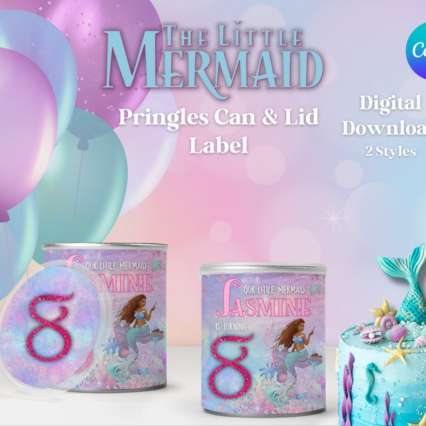 The Little Mermaid Pringles Label Party Favor, Black Mermaid Customizable Pringles Wrapper Canva Edit Birthday Party Favor