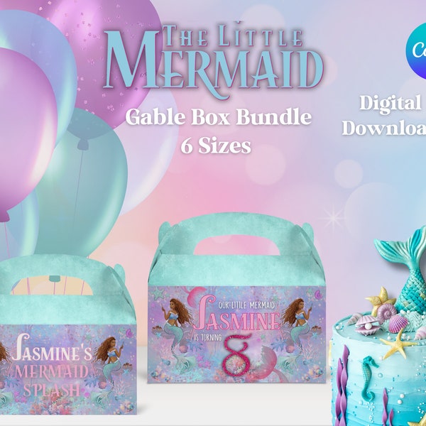 The Little Mermaid Gable Box Label Bundle, Black Mermaid Gable Box Party Favor, 6 Template Sizes, Digital Download *Please Read Description*