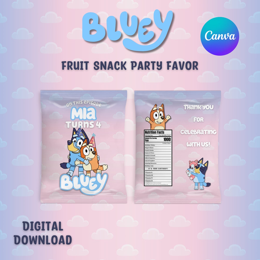 Bluey Fruit Snack Party Favor, Customizable Fruit Snack Wrapper, Canva