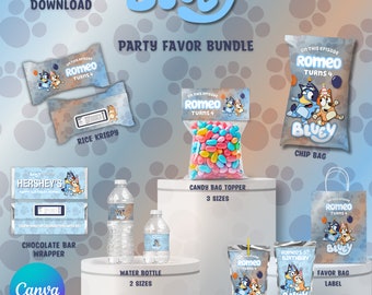 Bluey Mega Bundle Party Favor, Chip Bag Rice Krispies Botella de agua Bolsa de jugo y más!!! Canva Editar recuerdo de fiesta de cumpleaños