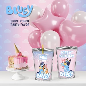 Bluey Editable Juice Pouch Party Favor, Bluey Pink Customizable Capri-Sun or Kool-Aid Jammer, Canva Edit Birthday Party Favor