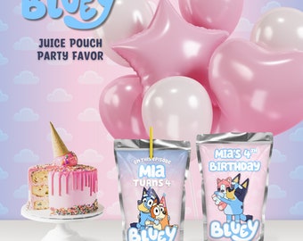 Favor de fiesta de bolsa de jugo editable azulado, Capri-Sun personalizable rosa azulado o Kool-Aid Jammer, Canva Editar favor de fiesta de cumpleaños