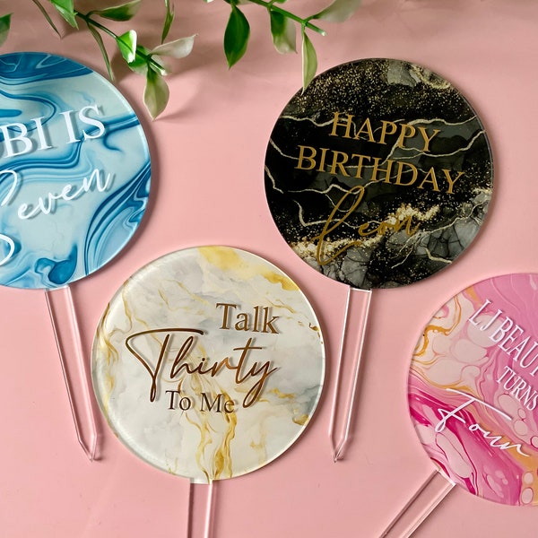 Marble effect acrylic round cake topper, birthday cake, talk thirty to me, graduation, wedding cake topper