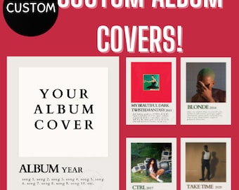 Pôsteres personalizados para impressão digital com capas de álbuns e músicas.